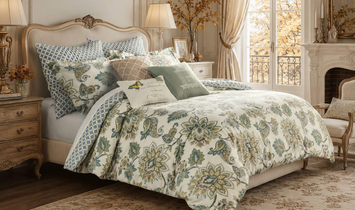 Parisian-inspired bedroom featuring a bed dressed in a floral and paisley-patterned comforter set with a cream base with blue, sage green, and beige botanical motifs.