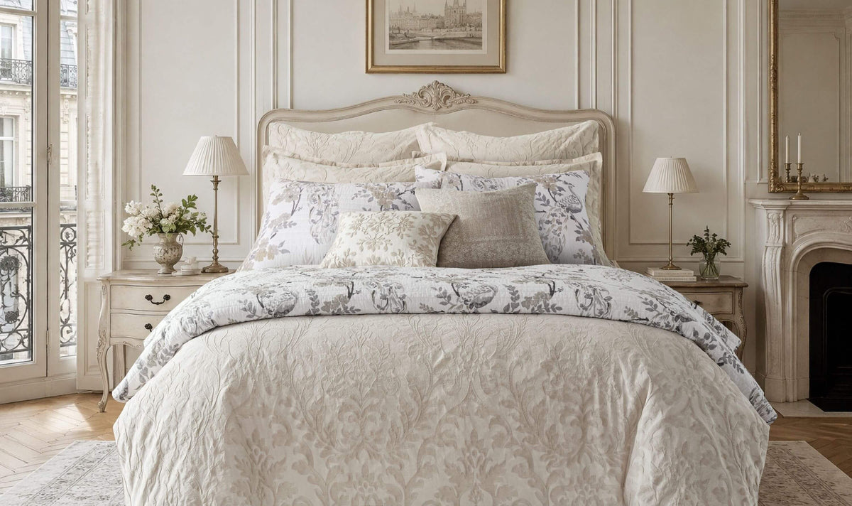 Parisian-inspired bedroom featuring a bed dressed in elegant cream and gray damask-patterned bedding.