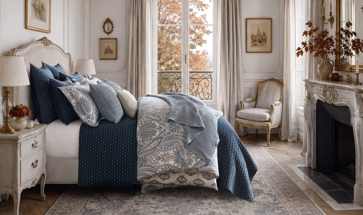 Parisian-inspired bedroom interior featuring a bed dressed in blue and cream patterned bedding, with matching pillows.
