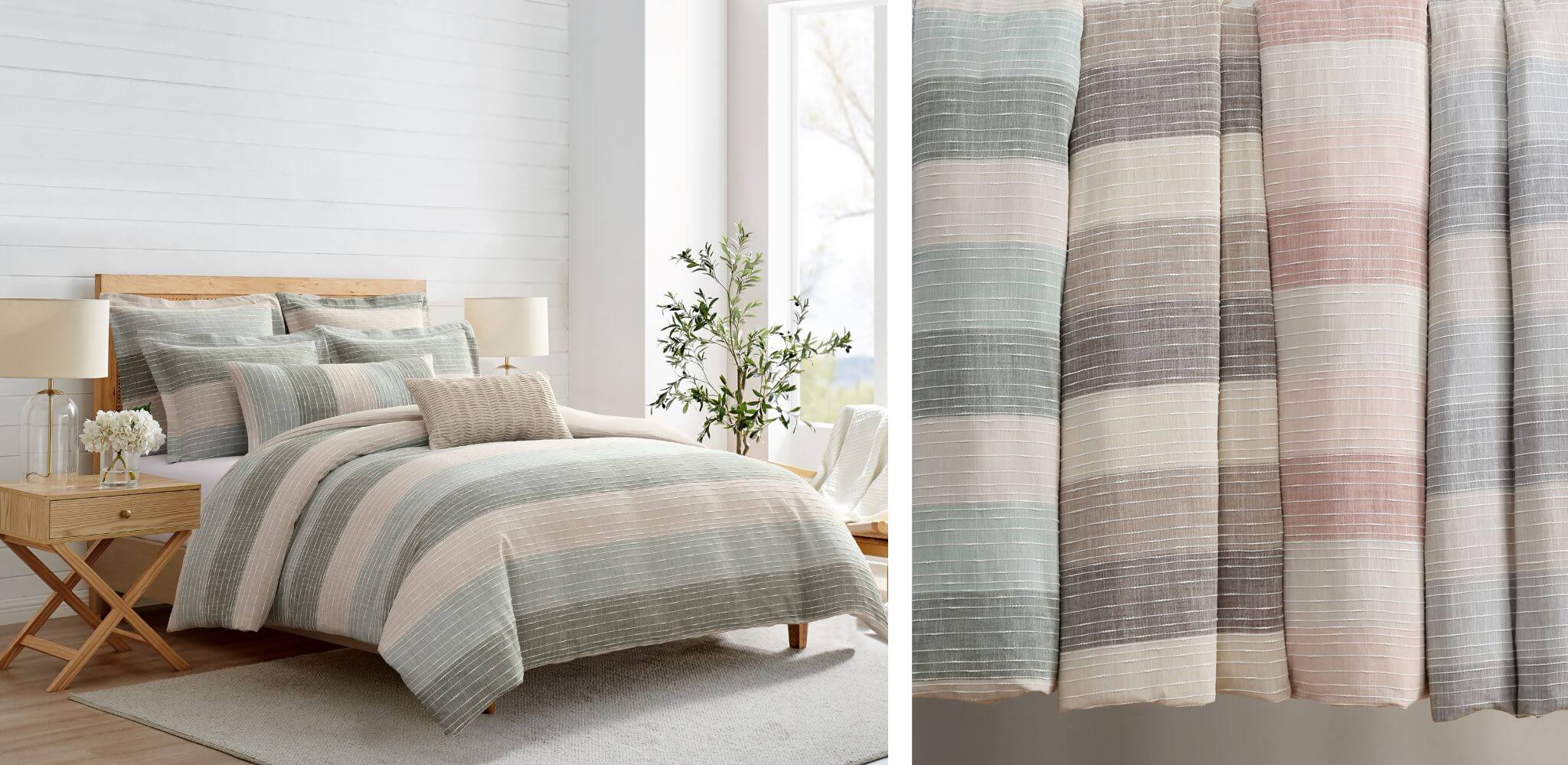 Bedroom with striped bedding and a close-up of striped fabric swatches.