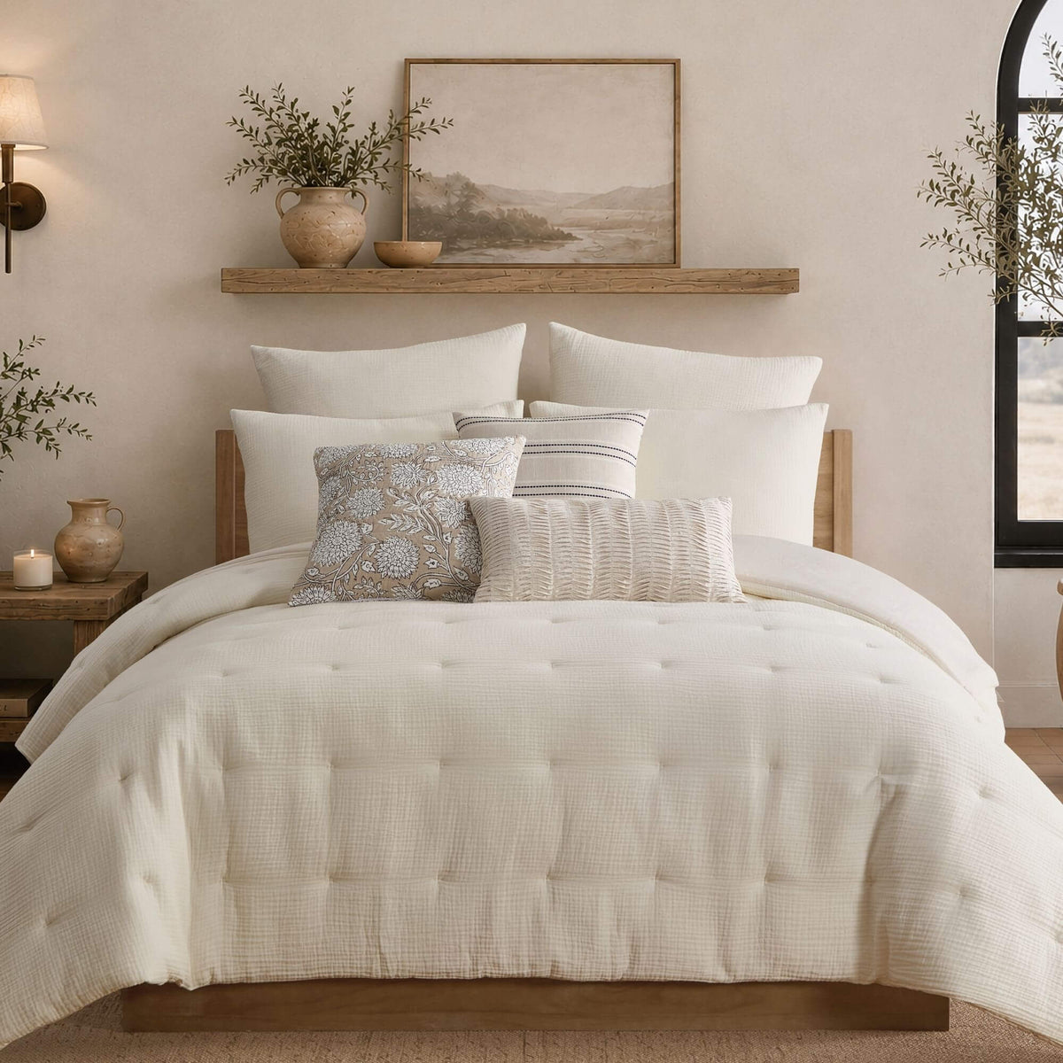 A neatly made bed in a warm, neutral-toned bedroom, featuring a cream tufted quilt, matching pillow shams, and decorative accent pillows including a patterned sage green pillow and a striped pillow. The bed is styled with a wooden headboard and floating shelves above, holding a framed landscape print and ceramic vases.