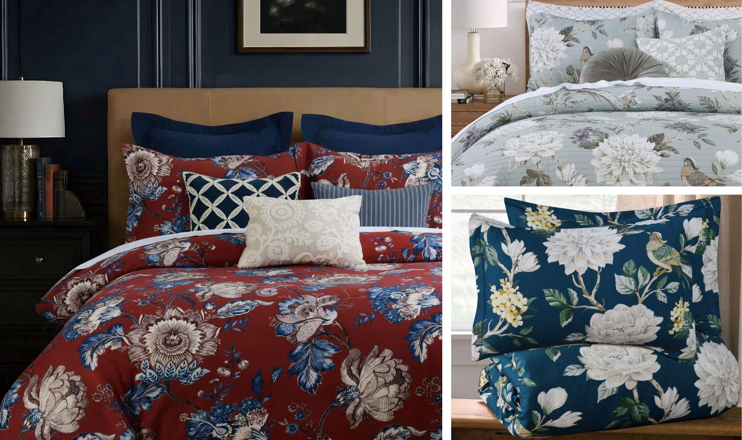 A collage showing three bedding sets styled in bedroom scenes: a red floral duvet with blue and cream pillows on the left, a pale blue floral bedding set at top right, and a dark blue floral pillow set at bottom right.