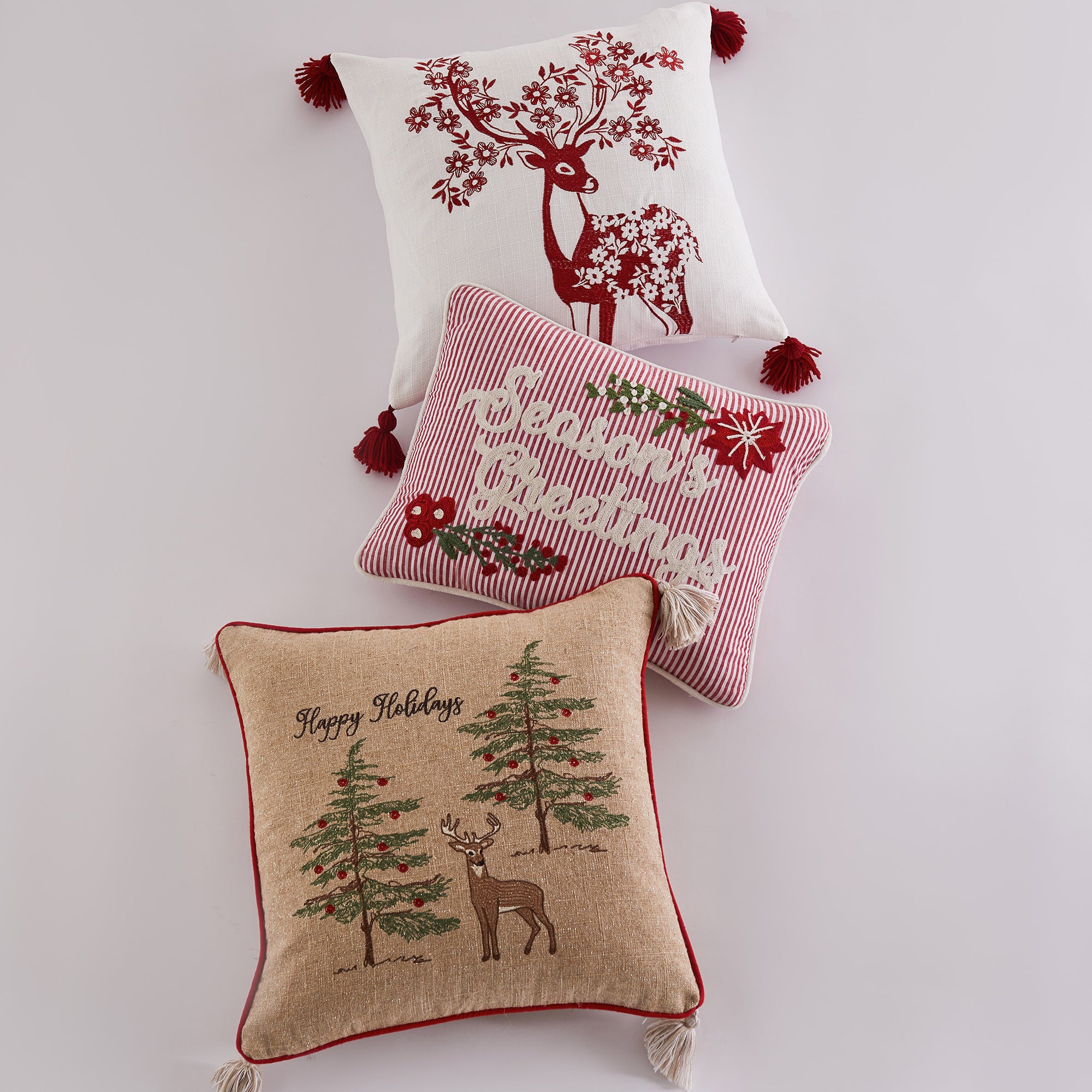 Sleigh Bells Red Deer Embroidered Pillow 18x18"