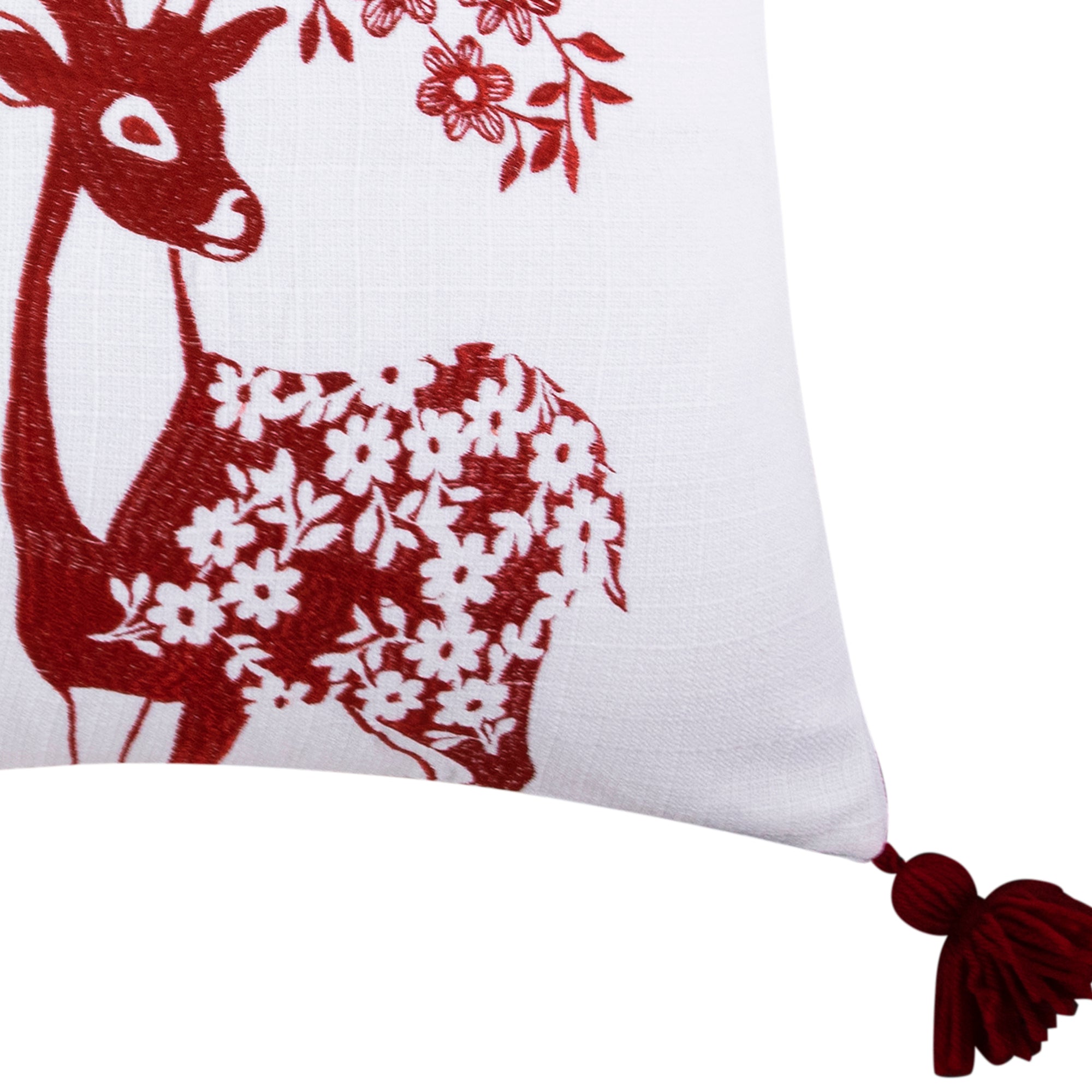 Sleigh Bells Red Deer Embroidered Pillow 18x18"