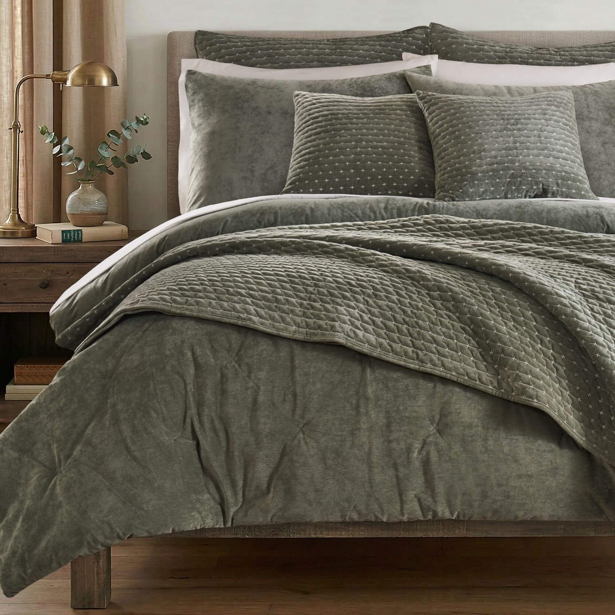 Levtex Home Velvet Stitch Comforter Set in Green Color with matching pillows and throw blanket