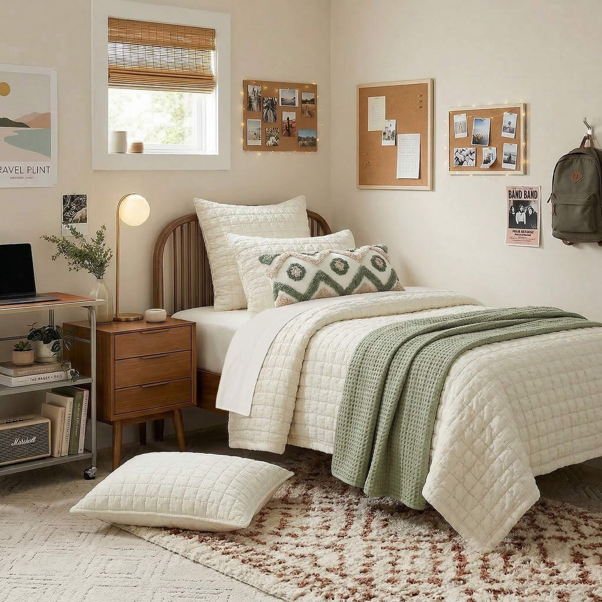 A styled dorm room with a bed dressed in cream Twin XL quilted bedding and a sage green textured throw, surrounded by a wooden nightstand, lamp, rug, wall art, and cork boards.