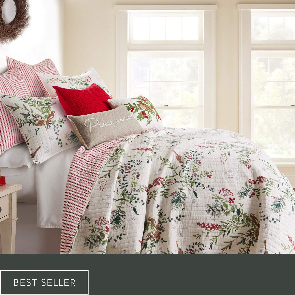 Levtex Home Winterberry Forest Quilt Set in the bright bedroom setting with matching pillows and decor