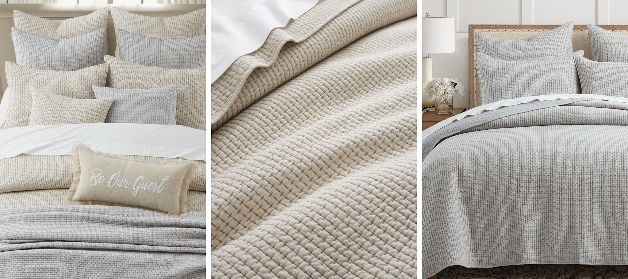 Collage of three images of textured bedding with pillows and a blanket in natural colors.