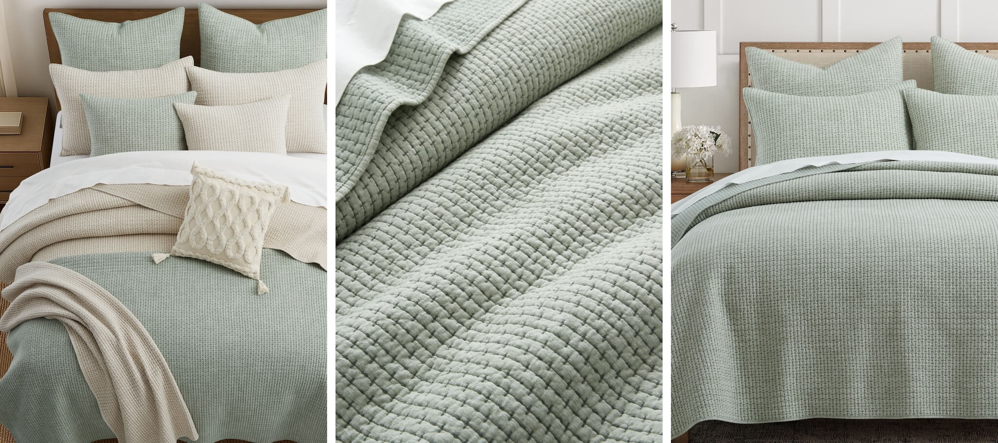 Three images of a light green textured bedding set on a bed with pillows.