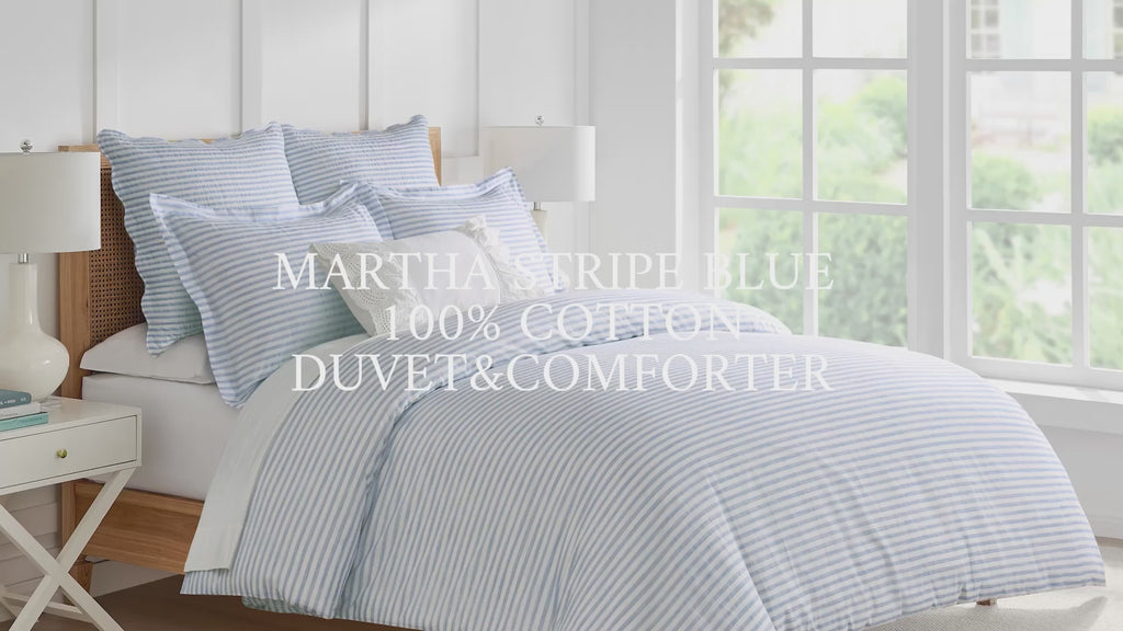 Video featuring the Levtex Home Martha Stripe Blue Quilt Set with overlaid text: “Martha Stripe Blue – 100% Cotton Duvet & Comforter.”