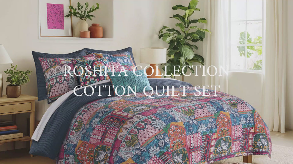 Roshita Quilt Set featuring vibrant boho style and global charm in a richly detailed patchwork design.