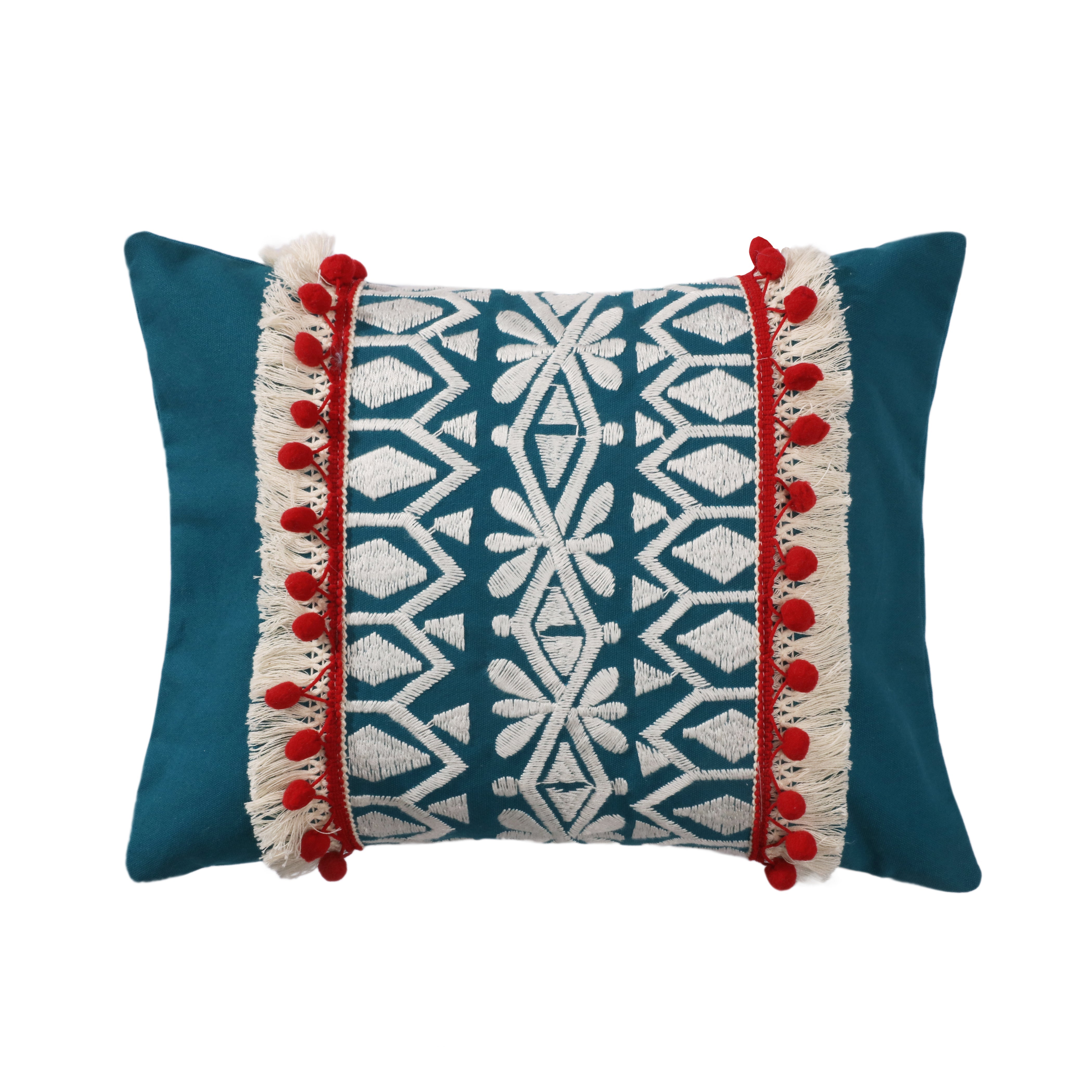 Aubrie Navy Embroidered Pompom Fringe Pillow