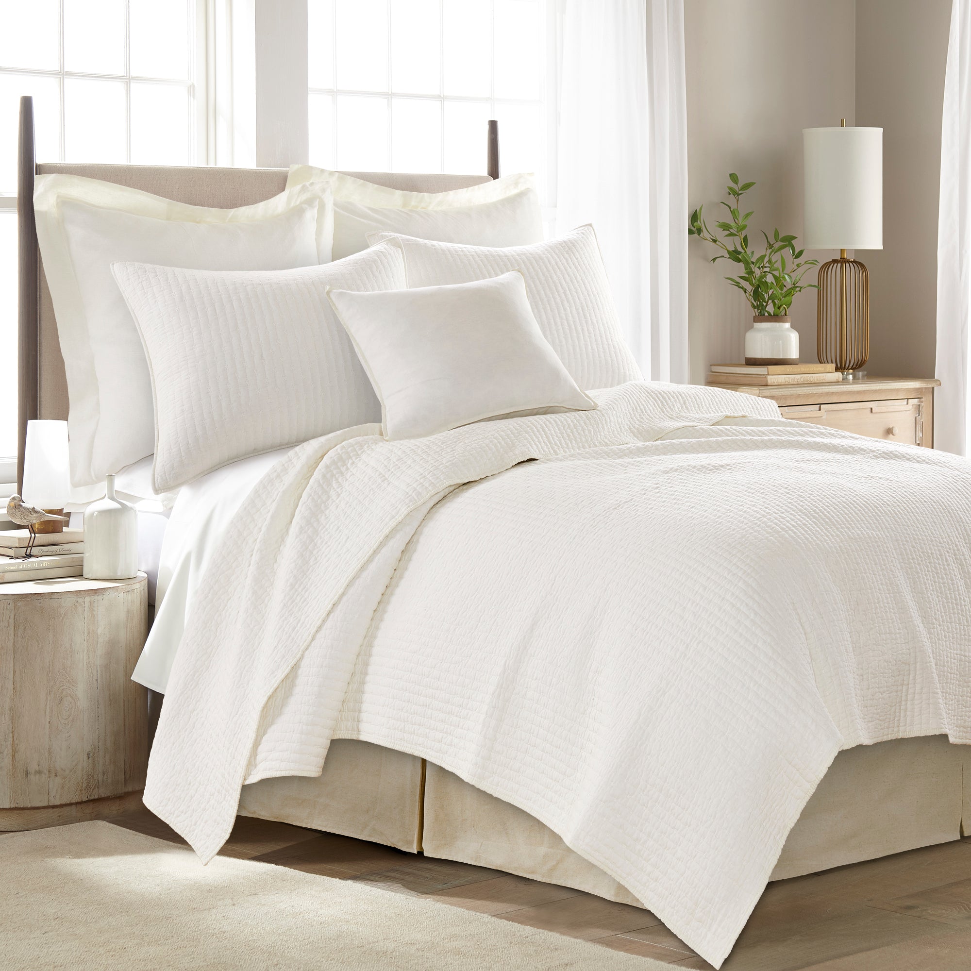 Coverlet - Ruffled Matte Satin 4 Piece Queen Taupe Quilted