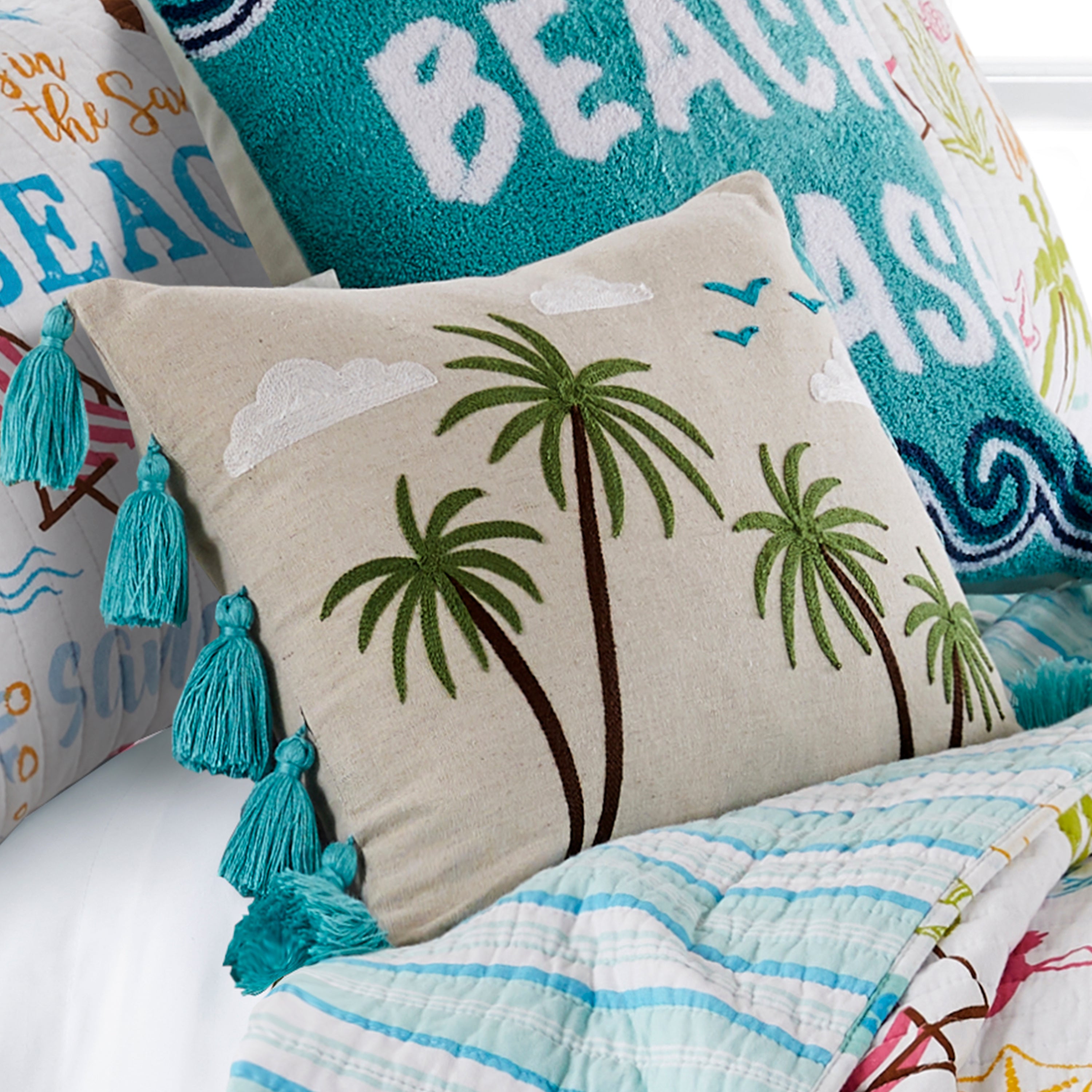 Beach Days Palm Tassel Pillow