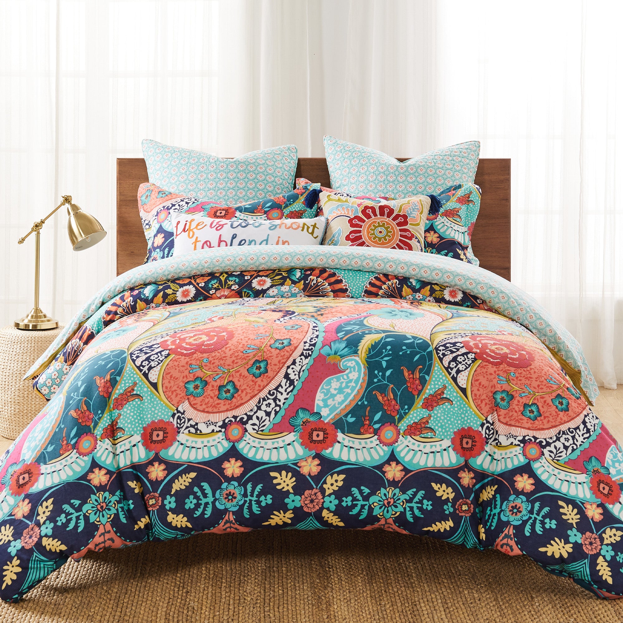  Levtex Home - Sophia Quilt Set - Full/Queen Quilt 88x92in. +  Two Standard Pillow Shams 26x20in. - Floral - Orange, Yellow, Red, Green,  Teal, and White - Reversible - Cotton Fabric : Home & Kitchen