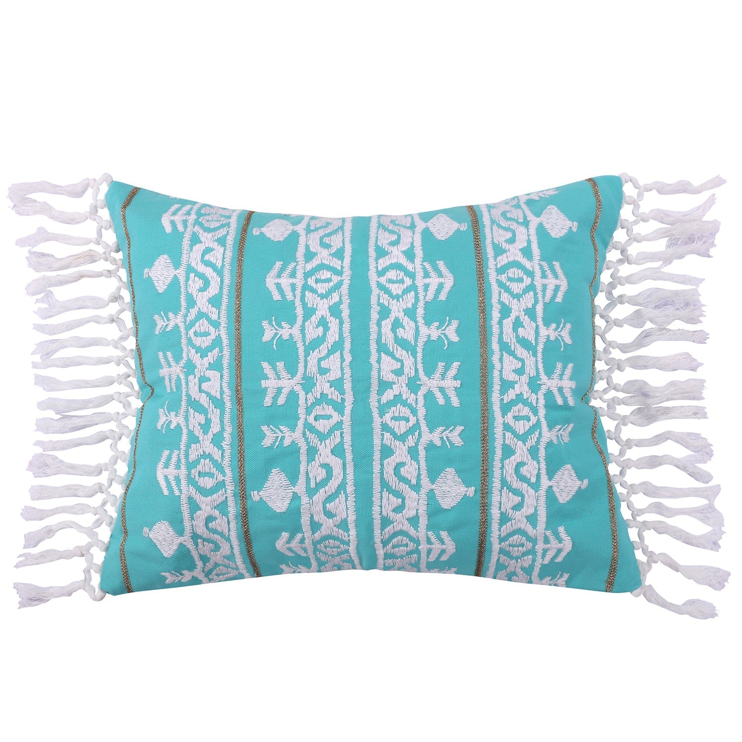 Deniza Teal Embroidered Fringe Pillow