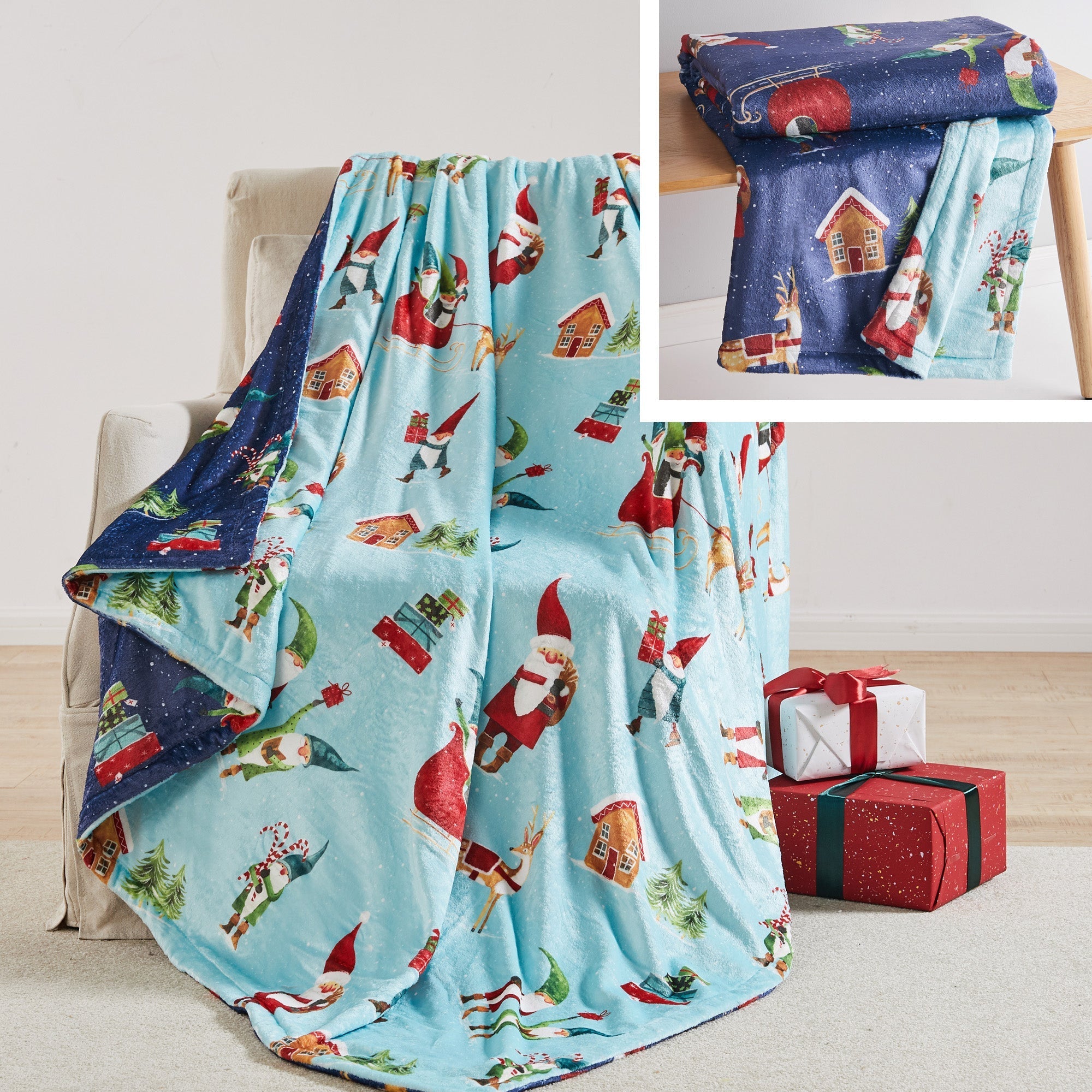 Gnome for the Holidays Mint Blanket Reverse Navy