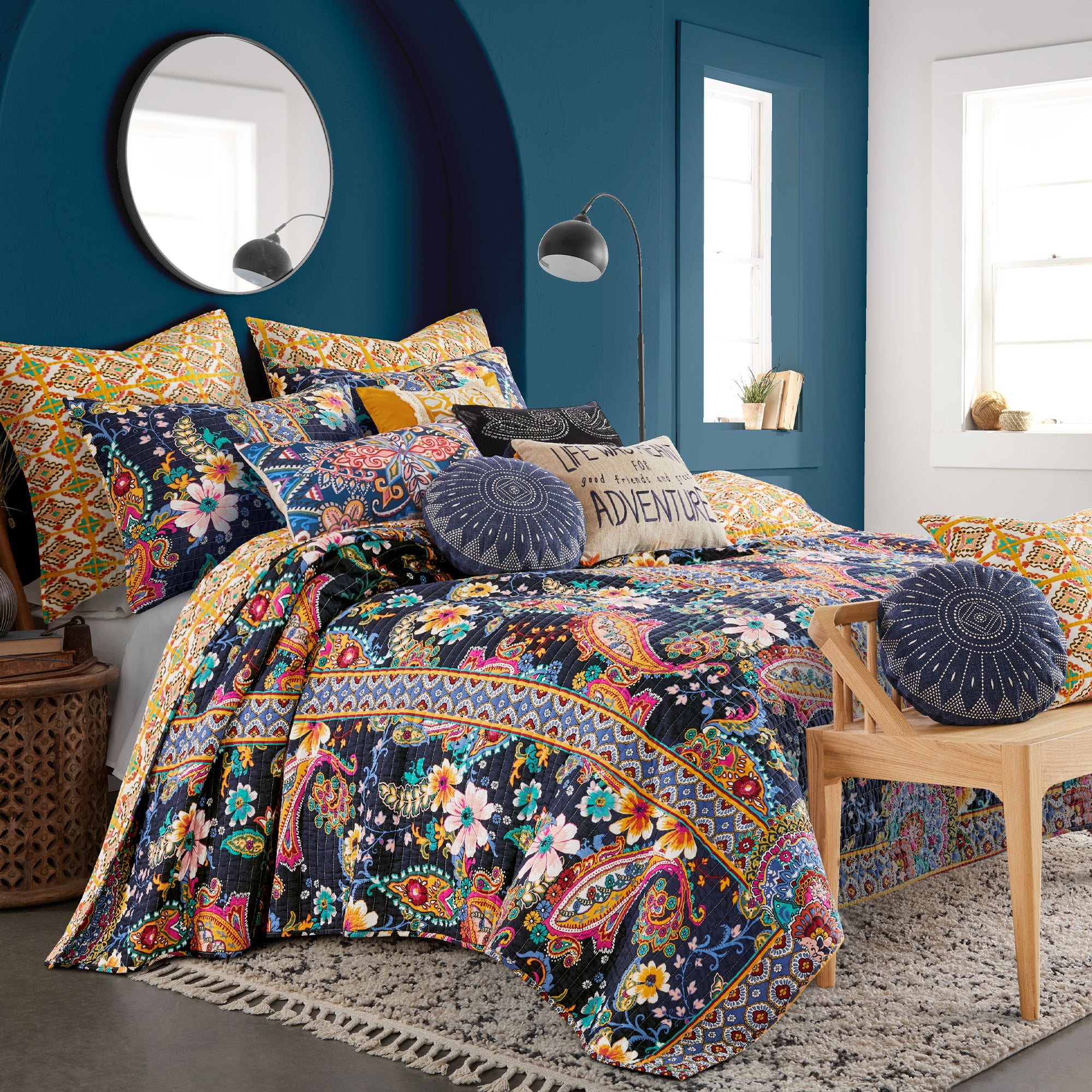 Levtex Home - Jules Quilt Set - Full/Queen Quilt 88x92in. + Two Standard  Pillow Shams (26x20in.) - Bohemian - Teal, Orange, Yellow, Green, Blue,  Red