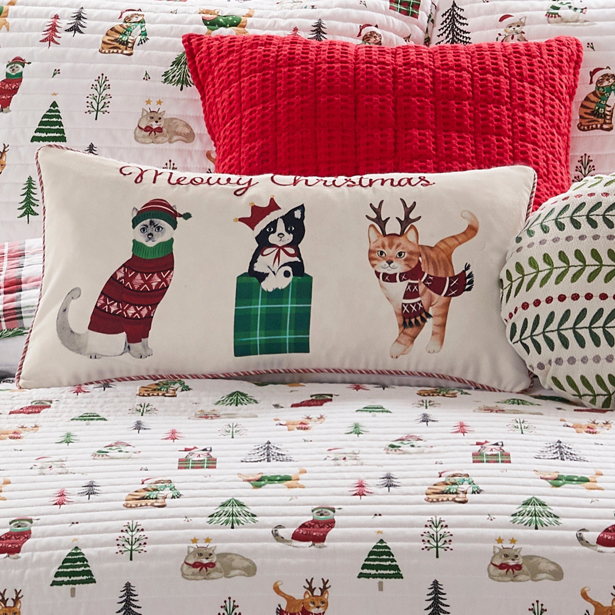 Meowy Christmas Embroidered Pillow