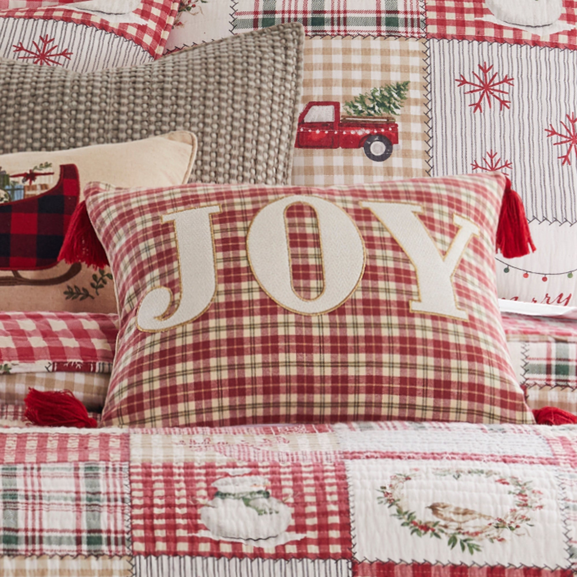 Home For Christmas Joy Plaid Pillow 14x18