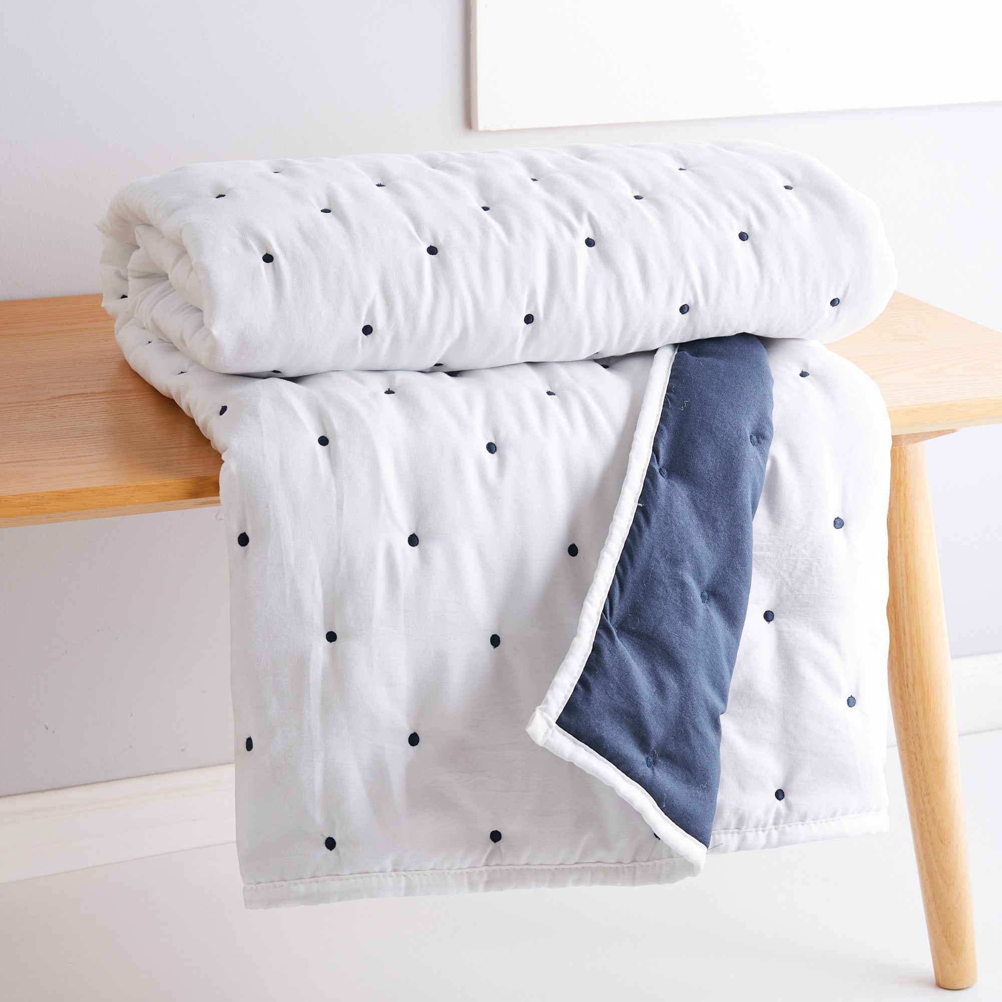 Embroidered Swiss Dot Navy Quilted Throw