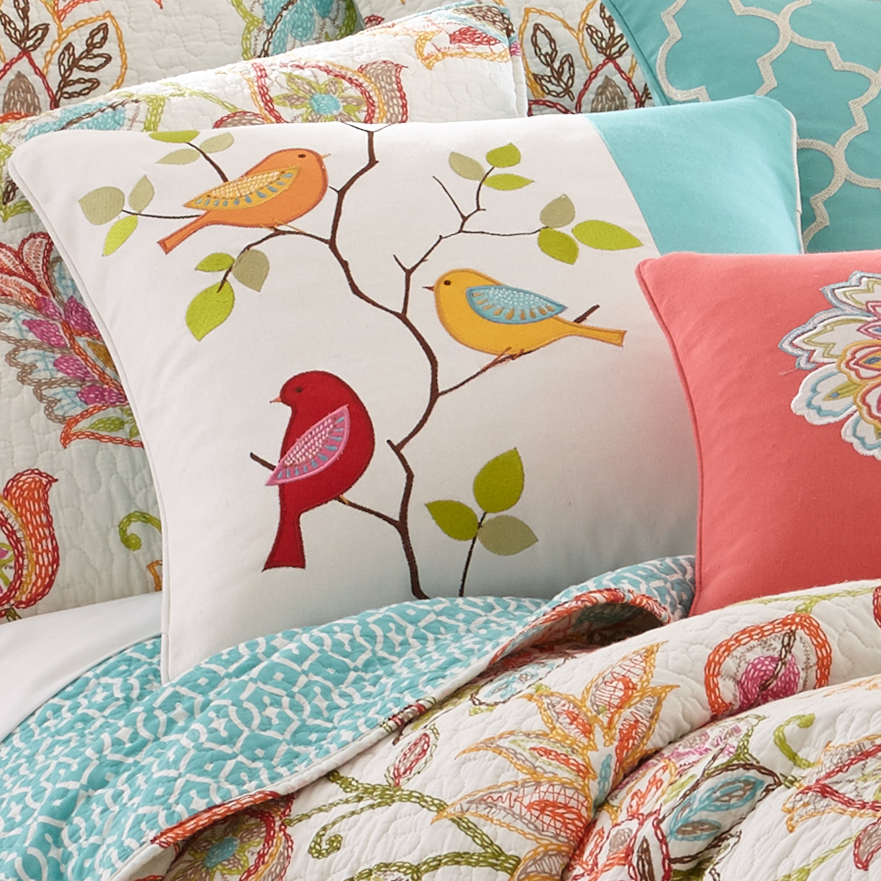 Sophia Pieced Embroidered Bird Pillow