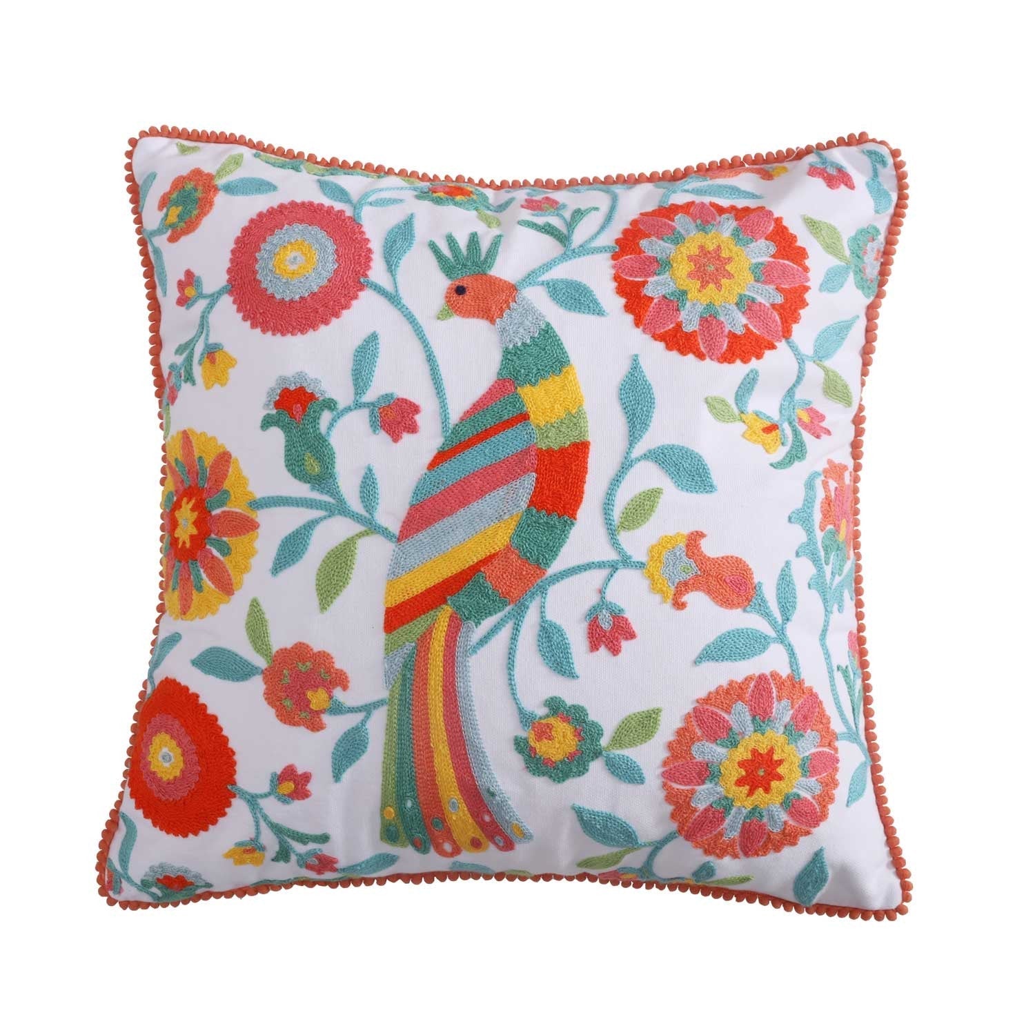 Laurel Coral Crewel Poms Multi Bird Pillow