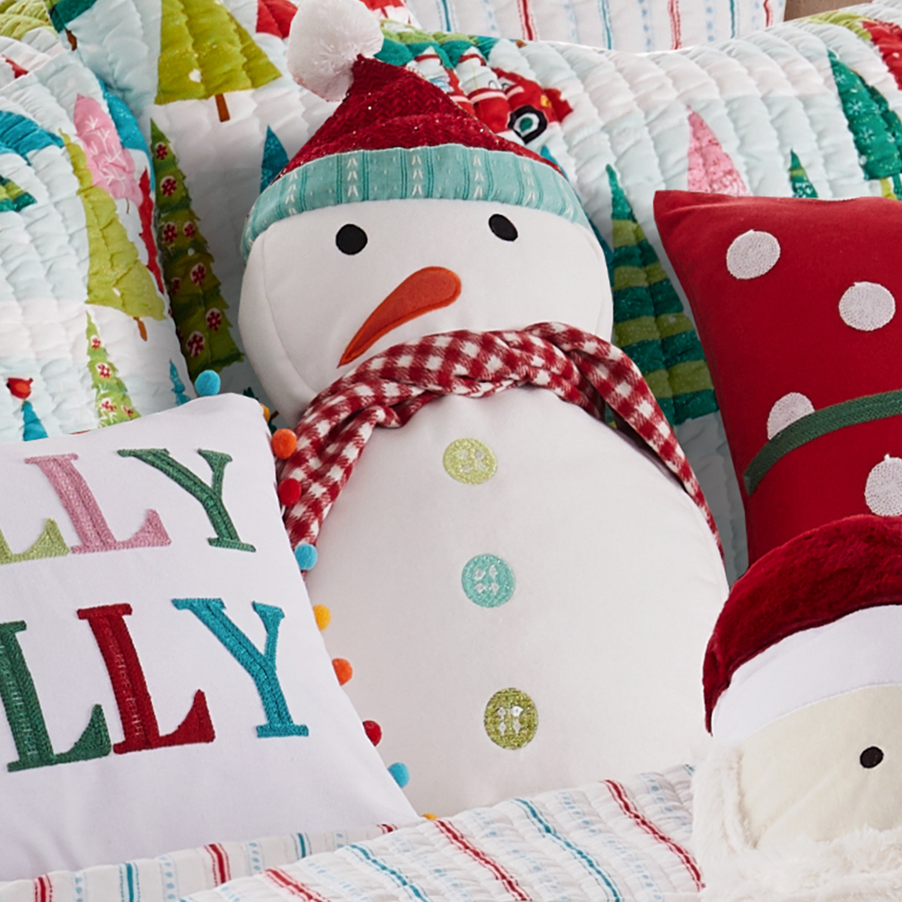 Merry & Bright Holly Jolly Snowman Pillow