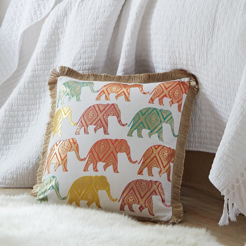 Casita White Multi Elephants Pillow