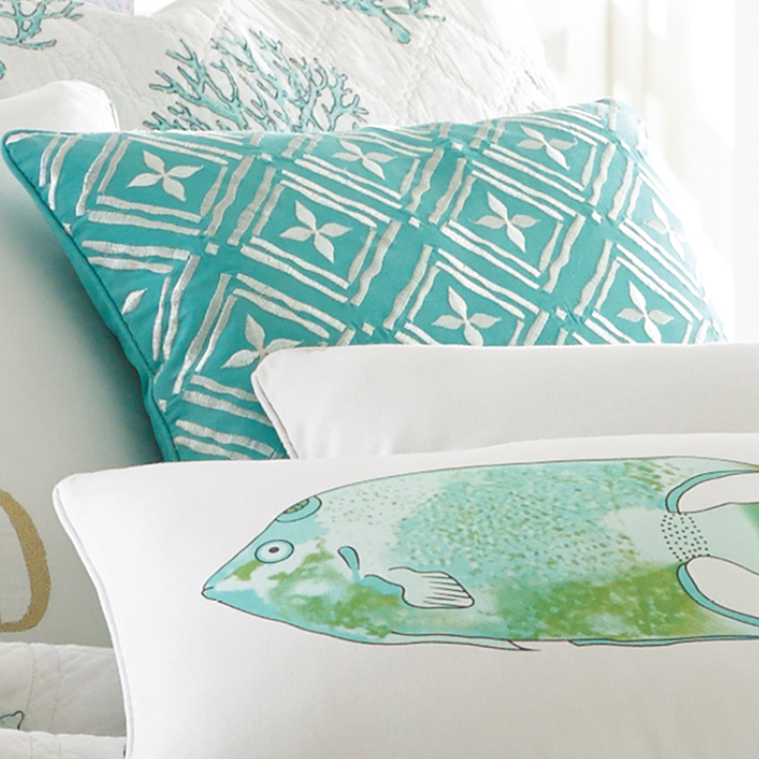 Biscayne Geo Teal/White Embroidered Pillow
