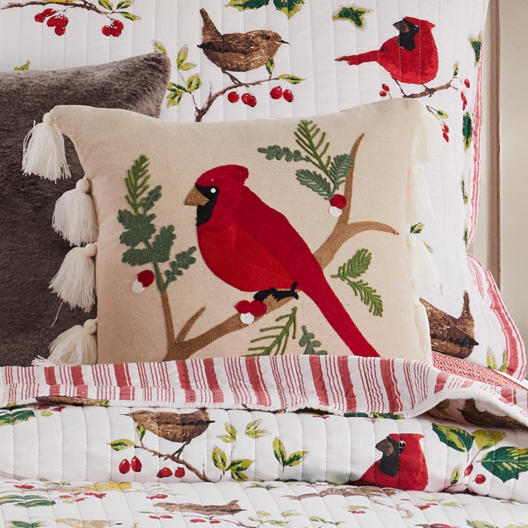 Joy Birds Cardinal Embroidered Tassel Pillow