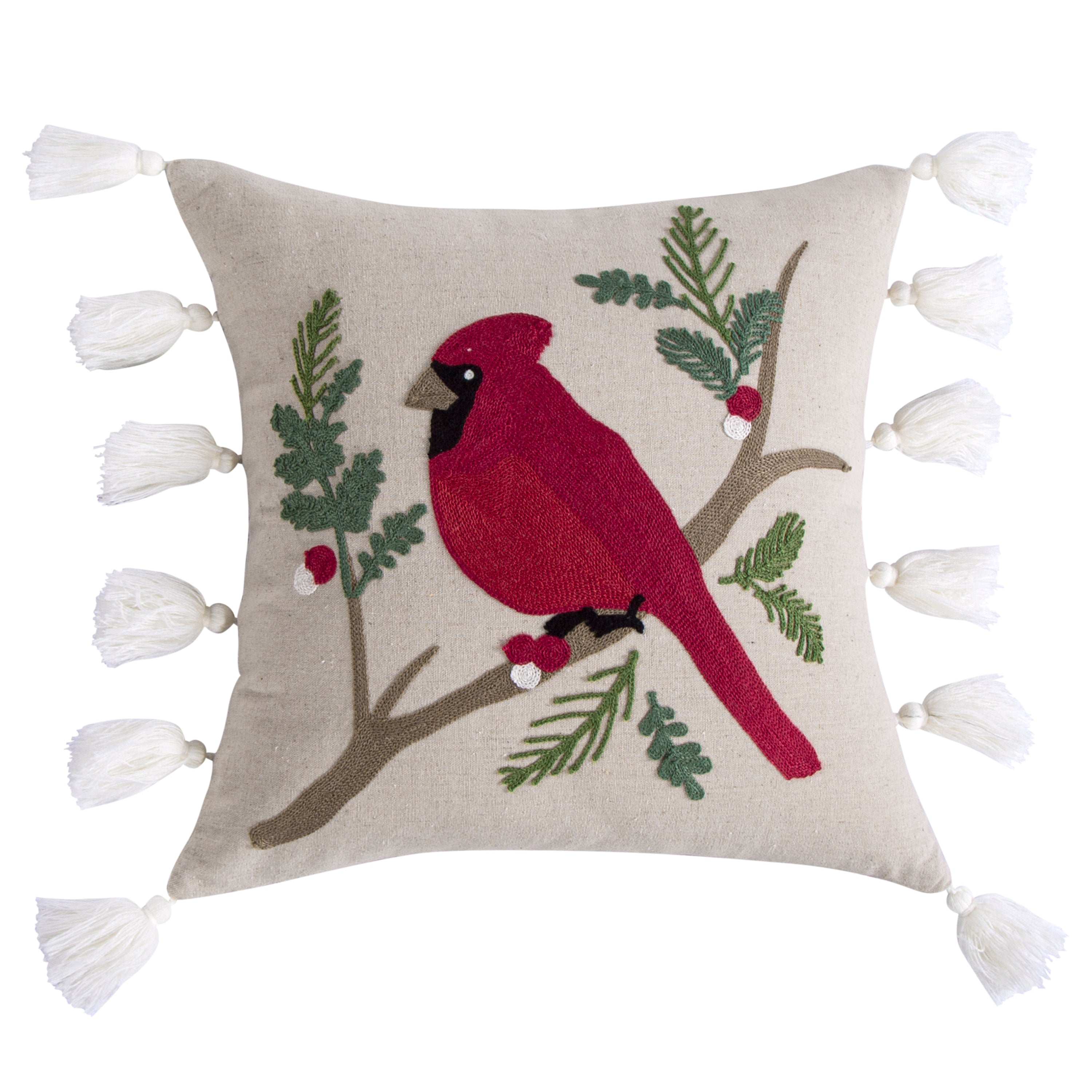 Joy Birds Cardinal Embroidered Tassel Pillow