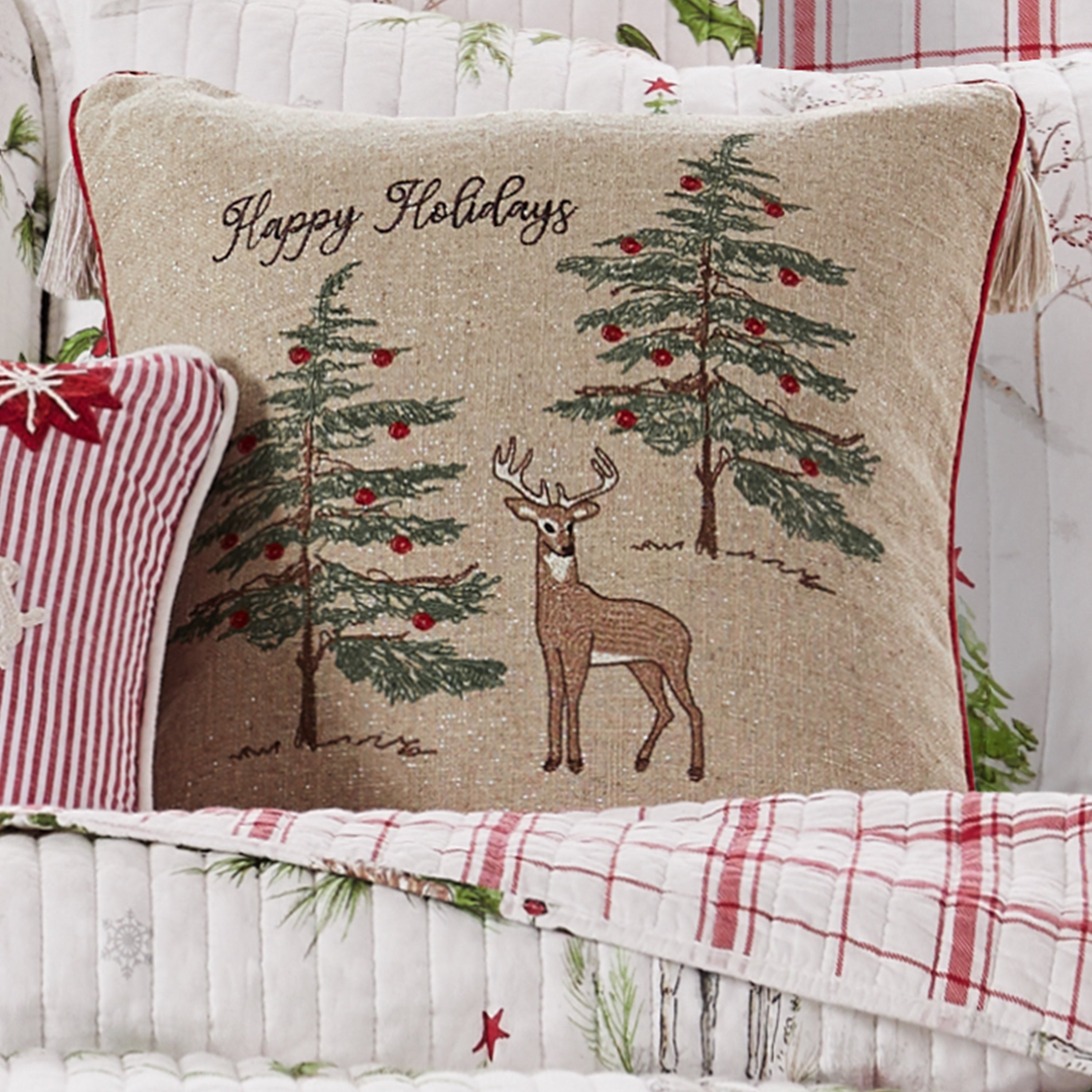 Sleigh Bells Happy Holidays Pillow 18x18