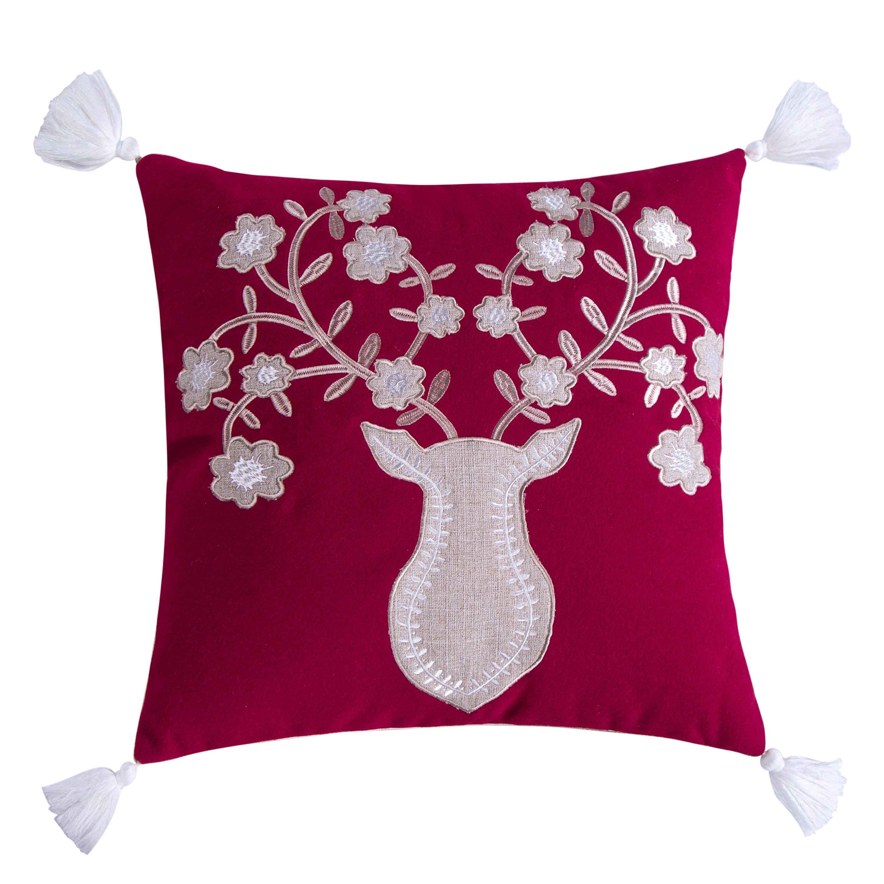 Sleigh Bells Grey Deer Textured Red Tassel Pillow