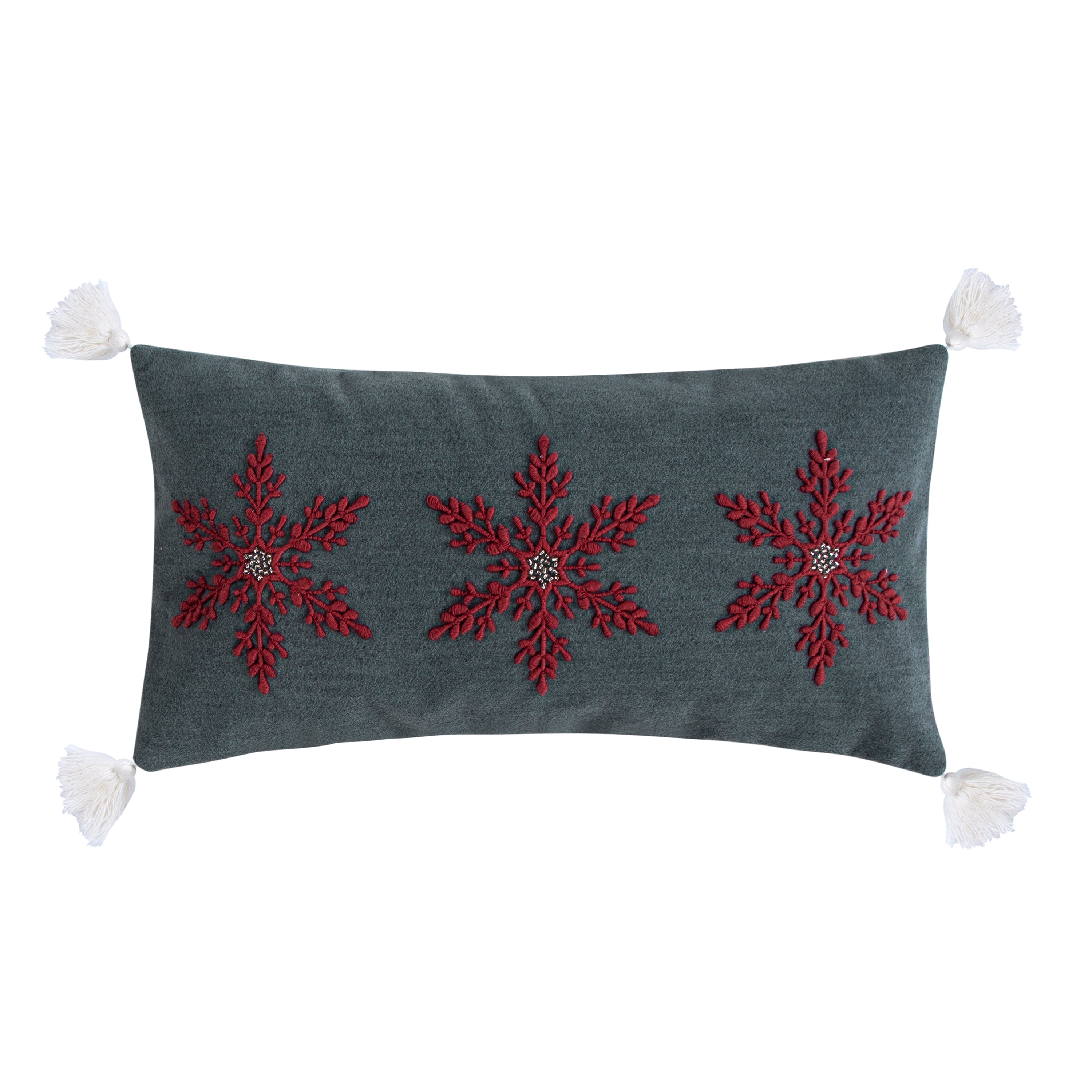 Sleigh Bells Grey Embroidered Snowflake Pillow